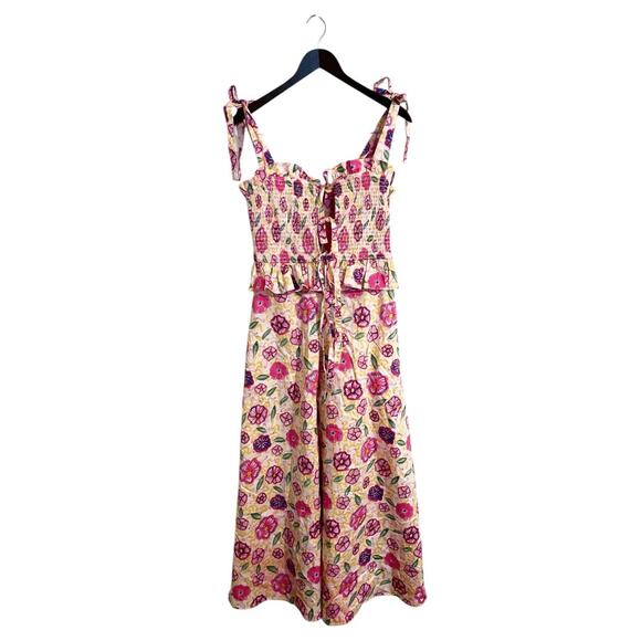 Celia B Turpan Pink Floral Smocked Tie Front Ruffle Midi Dress - Picture 1 of 7